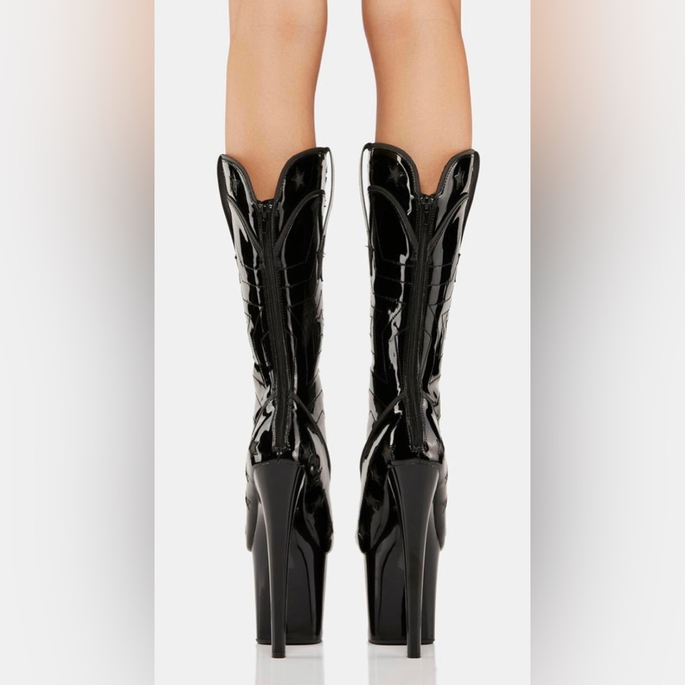 Y.R.U. Dolly Star Reflective Black Platform boots 7.5” Heel Western New - Picture 4 of 11